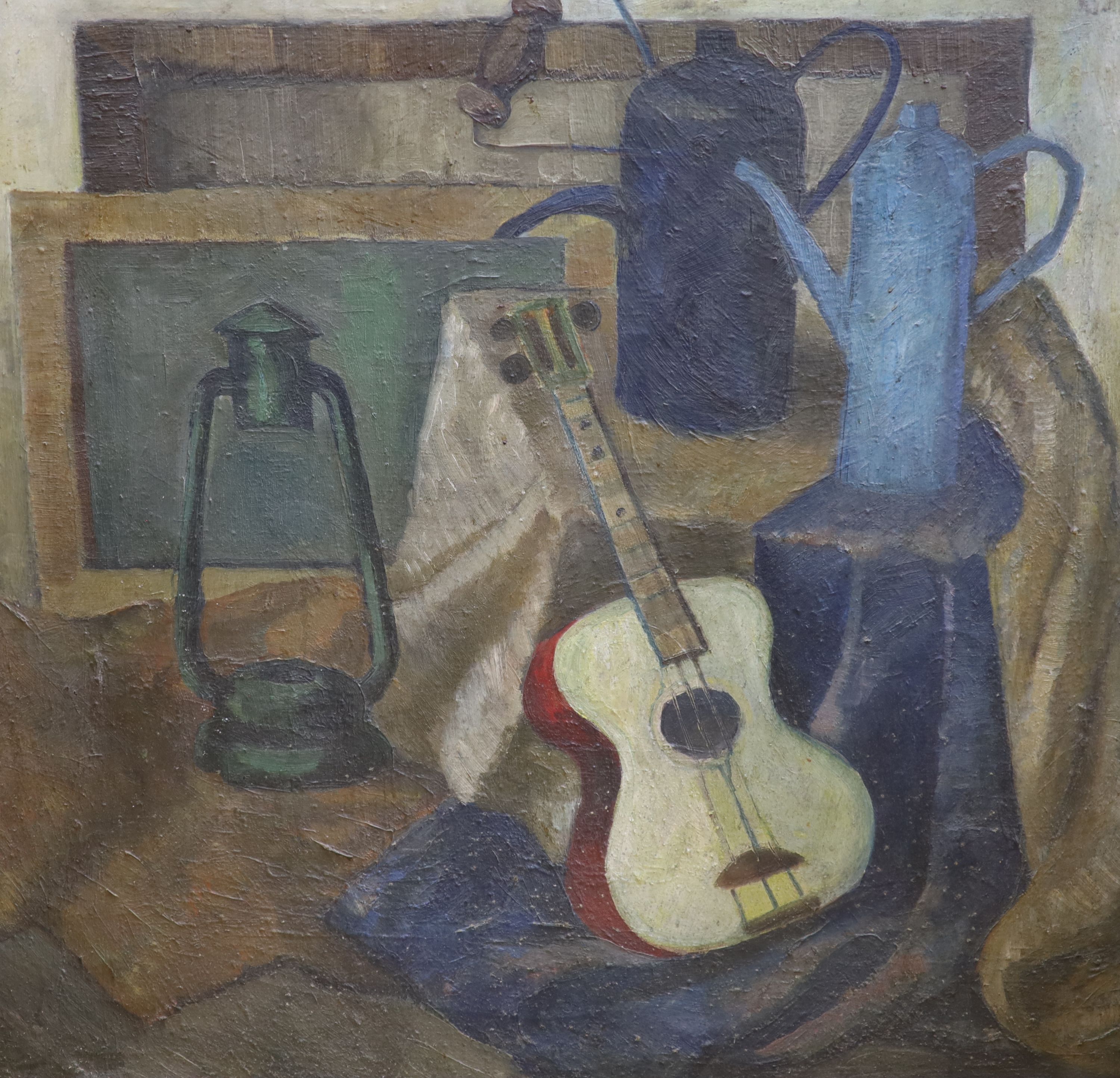 Continental School, oil on canvas, Still life with guitar and lantern, 86 x 86cm